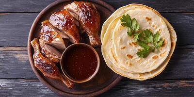 Peking duck with pancakes and dipping sauce, meal photography photo