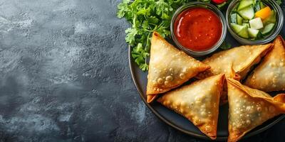 Samosas arranged on a platter with dipping sauces and garnish, meal photography photo