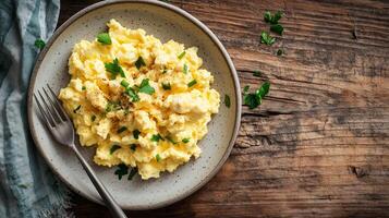 Scrambled eggs on a plate with a small serving of toast beside it, meal photography photo