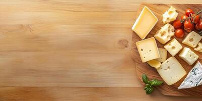 Several cheeses placed in an organized pattern on a rectangular board, meal photography photo