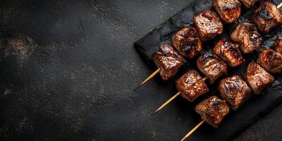 Skewer with small grilled meat pieces, evenly spaced, lying on a flat surface, food setting photo
