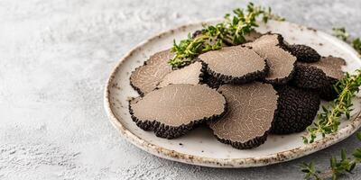Sliced black truffles displayed on a white plate with a sprig of herbs, food setting photo