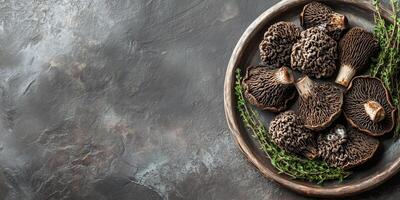Sliced morels placed on a serving platter with sprigs of thyme, food setting photo