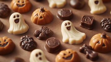 Collection of chocolates molded into Halloween symbols, such as pumpkins, ghosts, and witches, laid out on a table, culinary photography photo