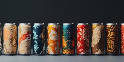 Collection of craft beer cans arranged in a row, highlighting different designs, food photography photo