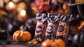 Individually wrapped Halloween candies displayed on a table with decorative elements, food photography photo