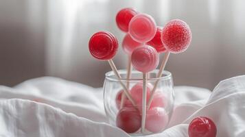 Red and pink lollipops in a glass vase on a white tablecloth, food photography photo