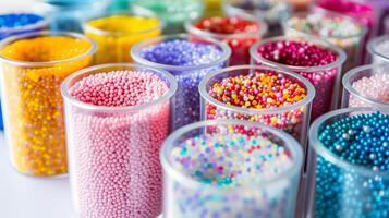 Small containers filled with different shades of nonpareils in a row, culinary photography photo