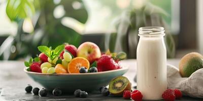 Container of yogurt drink with a screw cap, positioned next to a bowl of fruit, culinary photography photo