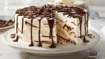 Frozen dessert cake with chocolate drizzle, sliced to reveal ice cream core, food photography photo