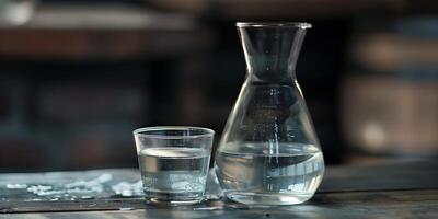 Glass carafe and matching cup, both filled with a transparent, colorless liquid, culinary photography photo