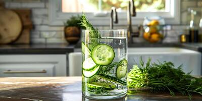 Glass container with water, submerged cucumber slices, and sprigs of fresh dill on a kitchen counter, culinary photography photo