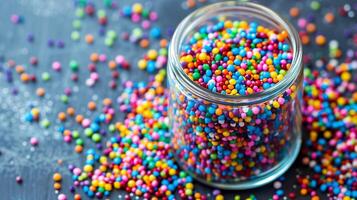 Glass container of colorful nonpareils, with some pieces spread on the surrounding surface, food photography photo