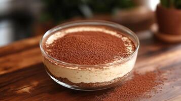 Glass dish containing a whole tiramisu, topped with a dusting of cocoa powder, food photography photo