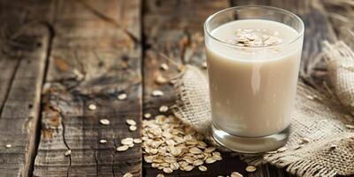 Glass of oat milk with oats surrounding it on a rustic wooden table, culinary photography photo
