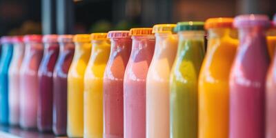Group of assorted flavored yogurt drink bottles arranged neatly in a row on a counter, food photography photo