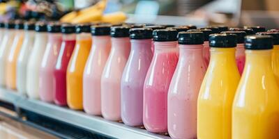 Group of assorted flavored yogurt drink bottles arranged neatly in a row on a counter, culinary photography photo