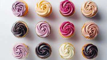Group of cupcakes with swirled frosting and simple decoration, food photography photo