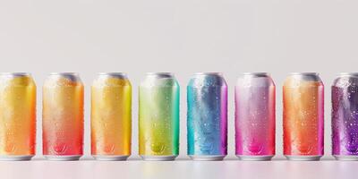 Group of sparkling water cans, different flavors and colors, arranged in a row on a white background, culinary photography photo