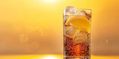 Highball glass with fizzy amber liquid and lemon twist, culinary photography photo