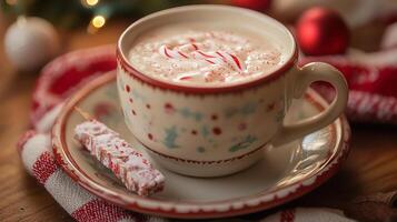 Holiday-themed mug with a warm drink and peppermint bark on a saucer, food photography photo