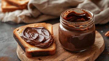 Jar of chocolate spread with lid removed, sitting beside a slice of toasted bread, food photography photo