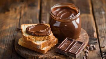 Jar of chocolate spread with a portion spread on a slice of bread on a plate, culinary photography photo