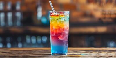 Tall glass of layered, colorful beverage with a straw, on a wooden surface, culinary photography photo