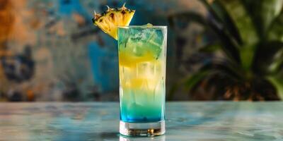 Tall glass with layers of blue and green liquids, topped with a pineapple slice, food photography photo