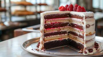 Tall layer cake, partially cut, displaying even layers of cake and filling, on a tray, food photography photo