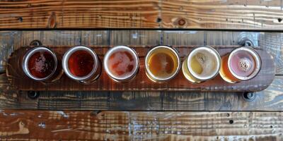 Top-down view of a craft beer flight, showcasing five different varieties, food photography photo