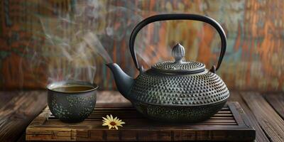 Traditional iron teapot with a cup of steaming hojicha tea on a wooden surface, food photography photo