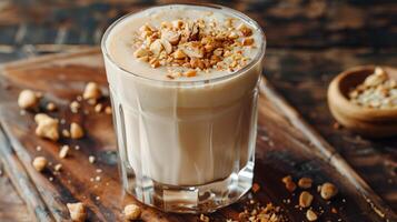 Thick, beige liquid in a glass, topped with crushed nuts, displayed on a wooden board, culinary photography photo