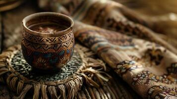 Traditional beverage in an ornate cup, on a handwoven cloth on a wooden table, culinary photography photo