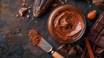 Top-down view of open jar of chocolate spread next to spreading knife, food photography photo