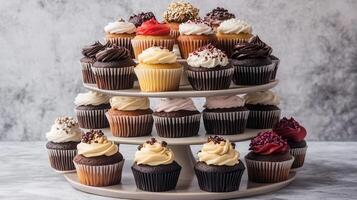An assortment of vegan cupcakes with various frostings, arranged on a tiered stand, culinary photography photo
