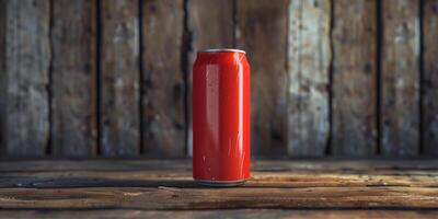 An energy drink can on a wooden surface, with minimalistic background elements highlighting the product, food photography photo