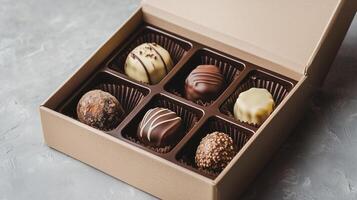 Open box of assorted dairy-free chocolate pralines, each in a separate compartment, food photography photo