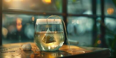 Herbal tea teabag submerged in a glass cup of water with the string hanging over the side, culinary photography photo