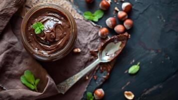 Open jar of hazelnut spread next to sliced loaf of bread and knife, culinary photography photo