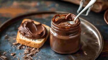Open jar of cocoa spread with portion spread on slice of bread on plate, culinary photography photo