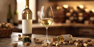 An open bottle of white wine next to a filled glass and some wine corks on a table, culinary photography photo