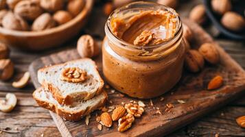 Open jar of nut-free spread with a portion on a slice of bread on a plate, food photography photo