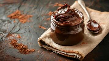 Open jar of chocolate spread with a spoonful scooped out, placed beside a napkin, food photography photo