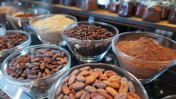 Roasted cocoa beans and flavored cocoa powder displayed in glass containers, culinary photography photo
