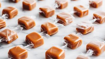 Rows of wrapped vegan caramel candies neatly placed on a marble countertop, culinary photography photo
