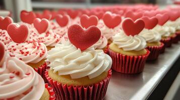 Red and pink cupcakes with heart-shaped toppers on a display tray, culinary photography photo