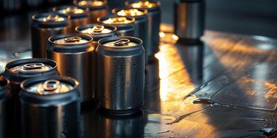 Several cans of ale arranged on a metallic table under direct light, food photography photo