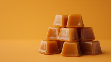 Several caramel candies arranged in a pyramid shape on a flat background, emphasizing their consistent form, food photography photo