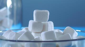 Close-up of a single marshmallow atop a stack of others in a glass container, photorealistic food photo